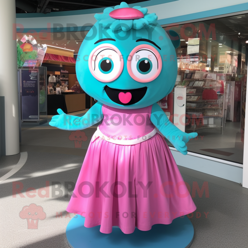 Turquoise Pink mascot costume character dressed with a Circle Skirt and Suspenders Mascot Costumes Redbrokoly Sizes L 175 180CM
