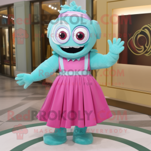 Turquoise Pink mascot costume character dressed with a Circle Skirt and Suspenders