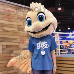 Beige Betta Fish mascot costume character dressed with a Boyfriend Jeans and Necklaces