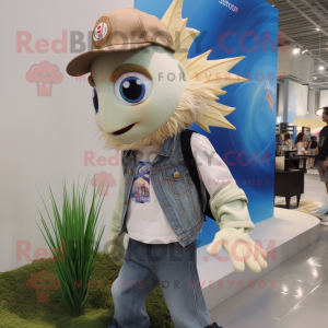 Beige Betta Fish mascot costume character dressed with a Boyfriend Jeans and Necklaces