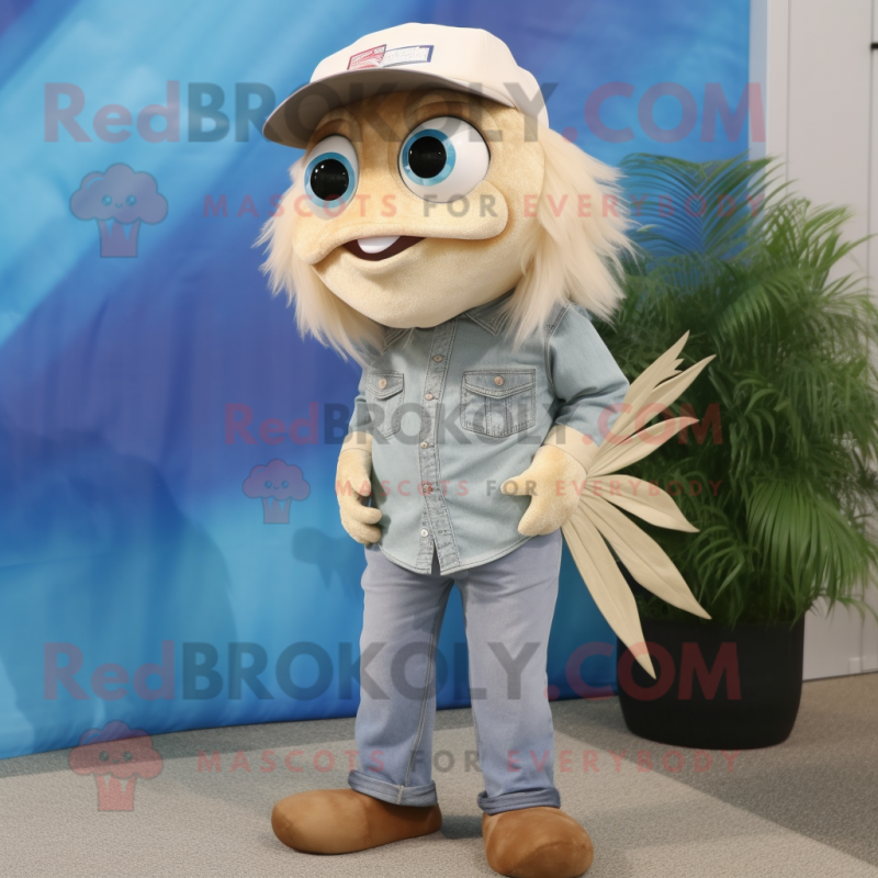 Beige Betta Fish mascot costume character dressed with a Boyfriend Jeans and Necklaces