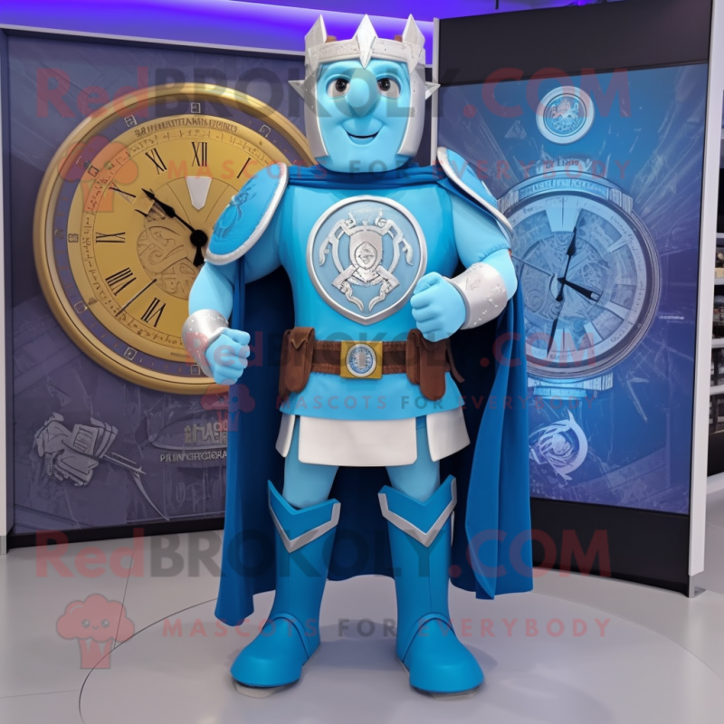 Sky Blue Celtic Shield mascot costume character dressed with a Sweatshirt and Digital watches Sky Blue Celtic Shield mascot costume character dressed with a Sweatshirt and Digital watches