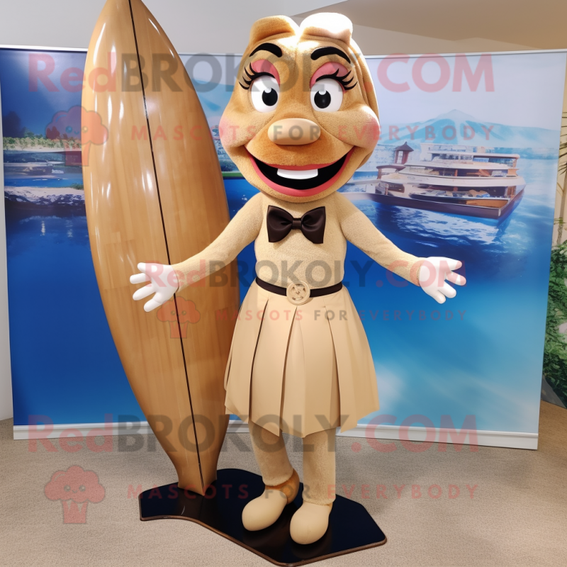 Tan Surfboard mascot costume character dressed with a Pencil Skirt and Bow ties Tan Surfboard mascot costume character dressed with a Pencil Skirt and Bow ties