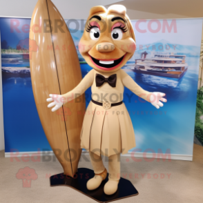 Tan Surfboard mascot costume character dressed with a Pencil Skirt and Bow ties