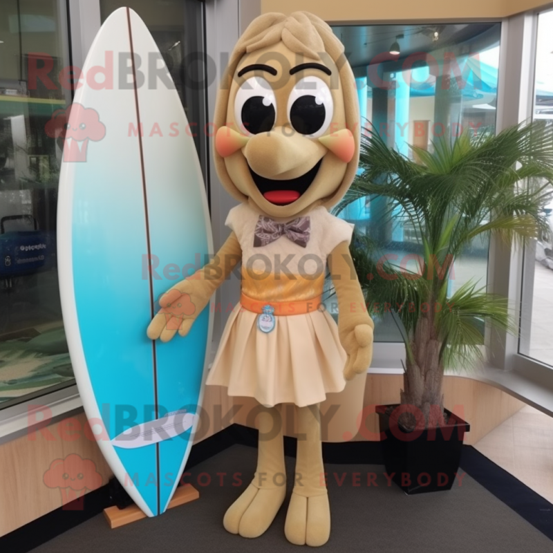 Tan Surfboard mascot costume character dressed with a Pencil Skirt and Bow ties Tan Surfboard mascot costume character dressed with a Pencil Skirt and Bow ties