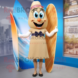 Tan Surfboard mascot costume character dressed with a Pencil Skirt and Bow ties