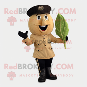 Beige Beet mascot costume character dressed with a Leather Jacket and Berets