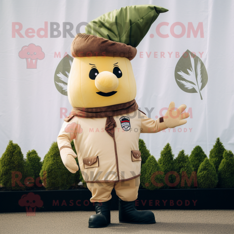 Beige Beet mascot costume character dressed with a Leather Jacket and Berets