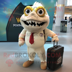 Cream Piranha mascot costume character dressed with a V-Neck Tee and Briefcases