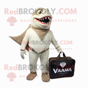 Cream Piranha mascot costume character dressed with a V-Neck Tee and Briefcases