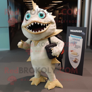 Cream Piranha mascot costume character dressed with a V-Neck Tee and Briefcases