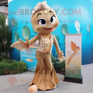 Tan Mermaid mascot costume character dressed with a Jacket and Lapel pins