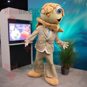 Tan Mermaid mascot costume character dressed with a Jacket and Lapel pins