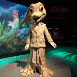 Tan Mermaid mascot costume character dressed with a Jacket and Lapel pins