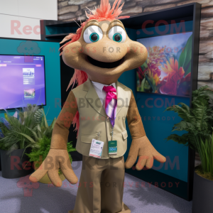 Tan Mermaid mascot costume character dressed with a Jacket and Lapel pins