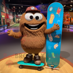 Brown Skateboard mascot costume character dressed with a Circle Skirt and Messenger bags