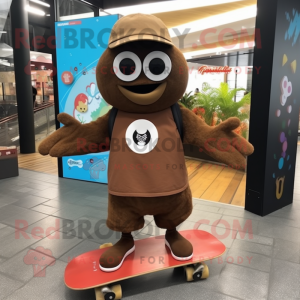 Brown Skateboard mascot costume character dressed with a Circle Skirt and Messenger bags