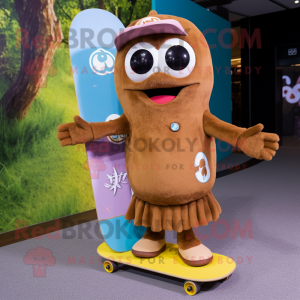 Brown Skateboard mascot costume character dressed with a Circle Skirt and Messenger bags