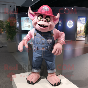 Pink Gargoyle mascot costume character dressed with a Denim Shorts and Hat pins