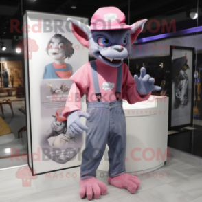 Pink Gargoyle mascot costume character dressed with a Denim Shorts and Hat pins