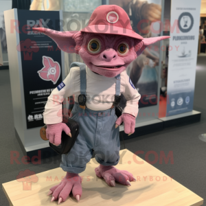 Pink Gargoyle mascot costume character dressed with a Denim Shorts and Hat pins