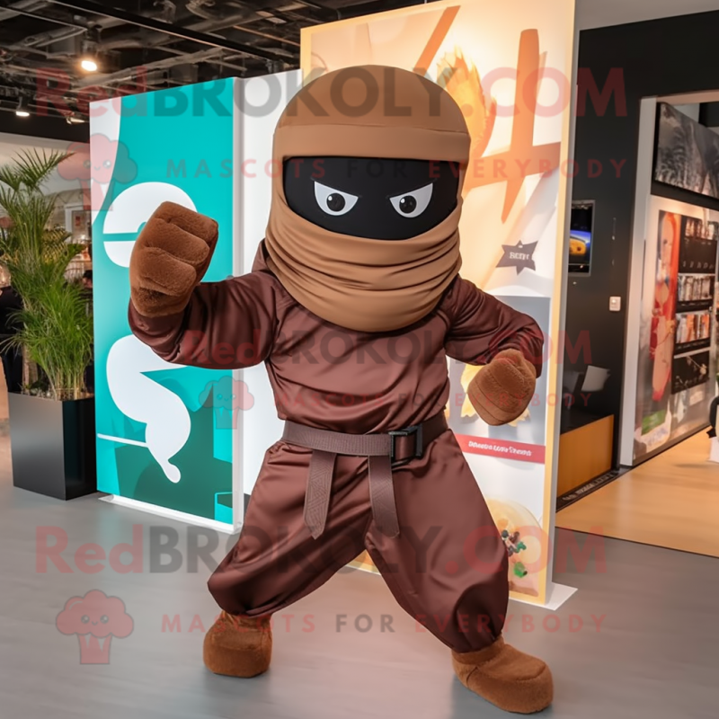 Brown Ninja mascot costume character dressed with a Playsuit and Scarves