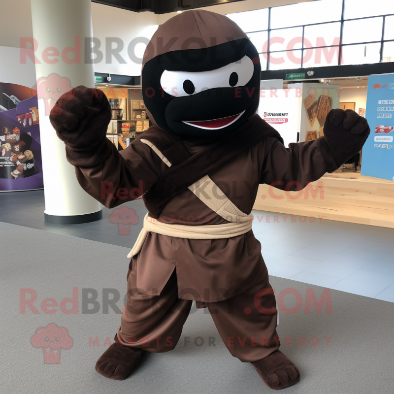 Brown Ninja mascot costume character dressed with a Playsuit and Scarves