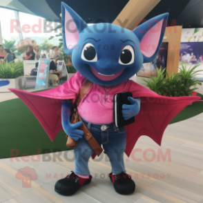 Magenta Manta Ray mascot costume character dressed with a Denim Shorts and Wallets