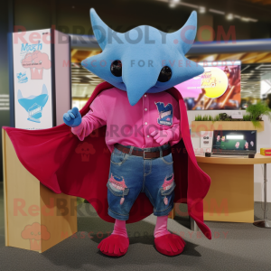 Magenta Manta Ray mascot costume character dressed with a Denim Shorts and Wallets