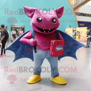 Magenta Manta Ray mascot costume character dressed with a Denim Shorts and Wallets