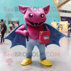 Magenta Manta Ray mascot costume character dressed with a Denim Shorts and Wallets
