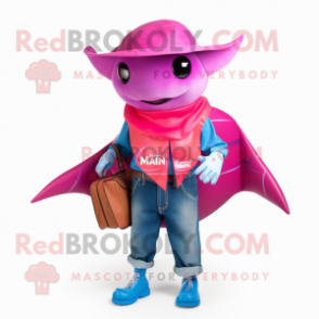 Magenta Manta Ray mascot costume character dressed with a Denim Shorts and Wallets