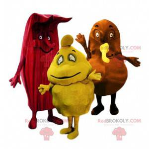 Trio af mærkelige røde, gule og brune maskotter - Redbrokoly.com