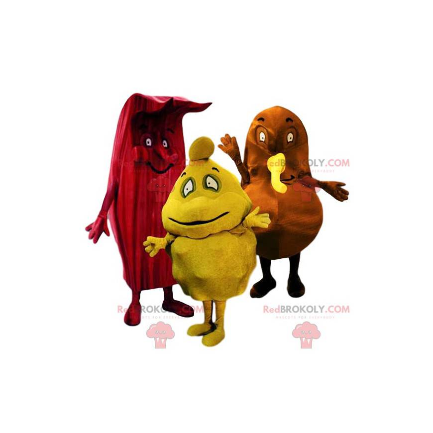 Trio de estranhas mascotes vermelhas, amarelas e marrons -