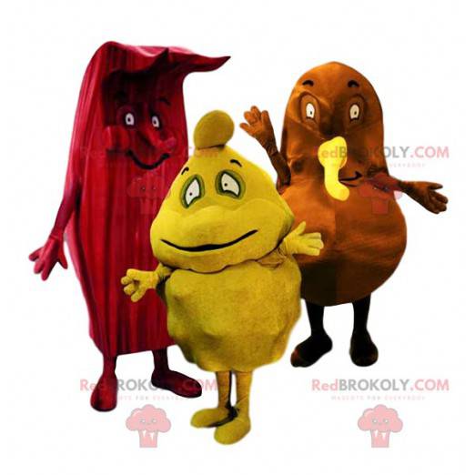 Trio af mærkelige røde, gule og brune maskotter - Redbrokoly.com