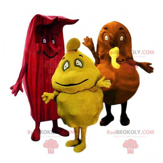 Trio de mascottes étranges rouge, jaune et marron -