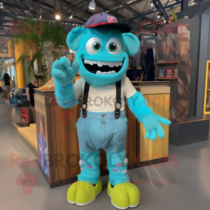 Turquoise Frankenstein'S Monster mascot costume character dressed with a Cargo Shorts and Suspenders