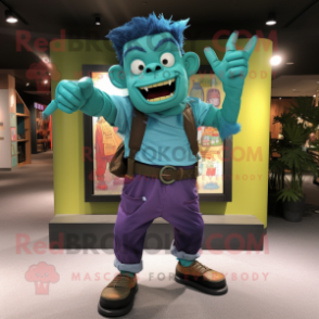 Turquoise Frankenstein'S Monster mascot costume character dressed with a Cargo Shorts and Suspenders