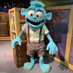 Turquoise Frankenstein'S Monster mascot costume character dressed with a Cargo Shorts and Suspenders