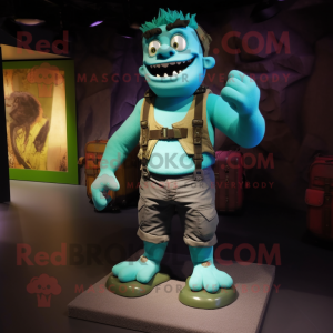 Turquoise Frankenstein'S Monster mascot costume character dressed with a Cargo Shorts and Suspenders