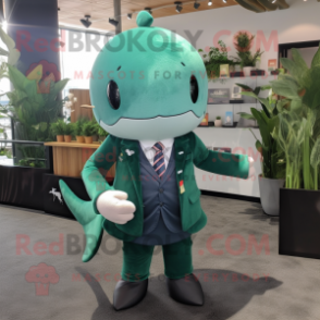Forest Green Narwhal mascot costume character dressed with a Suit Jacket and Keychains