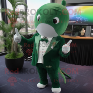 Forest Green Narwhal mascot costume character dressed with a Suit Jacket and Keychains