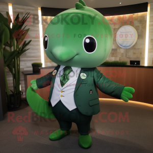 Forest Green Narwhal mascot costume character dressed with a Suit Jacket and Keychains