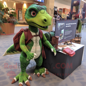 Forest Green Utahraptor mascot costume character dressed with a Wrap Skirt and Backpacks