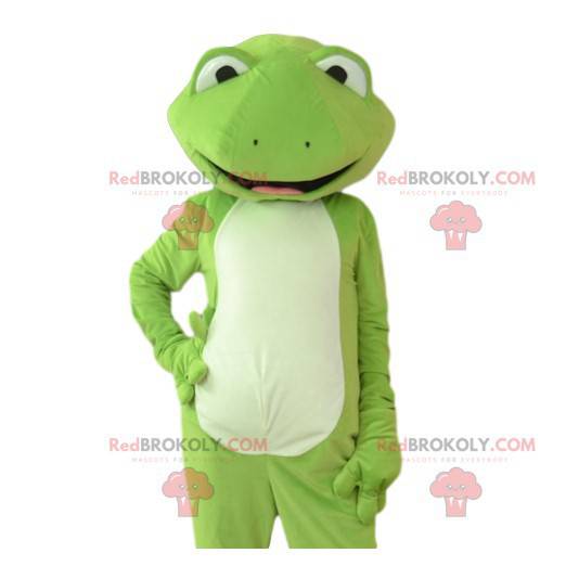 Mascotte de grenouille verte très élégante et très souriante -