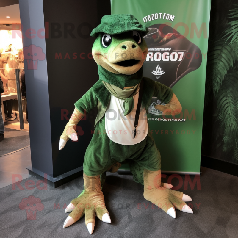 Forest Green Utahraptor mascot costume character dressed with a Wrap Skirt and Backpacks