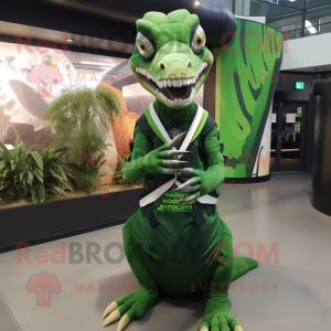 Forest Green Utahraptor mascot costume character dressed with a Wrap Skirt and Backpacks