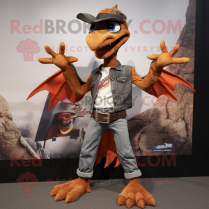 Rust Pterodactyl mascot costume character dressed with a Bootcut Jeans and Bracelets