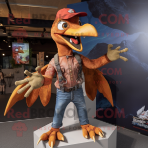 Rust Pterodactyl mascot costume character dressed with a Bootcut Jeans and Bracelets