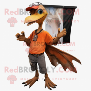 Rust Pterodactyl mascot costume character dressed with a Bootcut Jeans and Bracelets